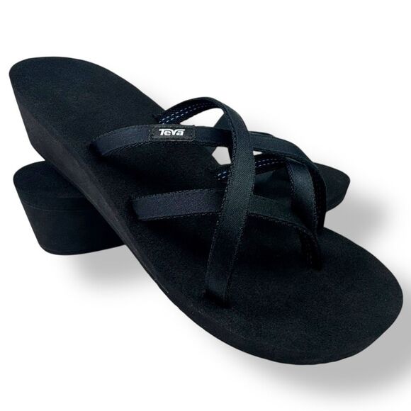 Teva 1000099 Mush Mandalyn Wedge Ola 2 Sandals Black Flip Flop Toe Post Women 10 - Picture 1 of 12